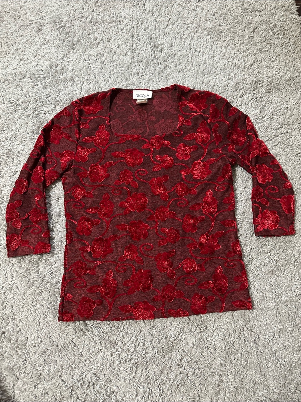 NICOLA Red Burnout Floral Scoop Neck Long Sleeve Top